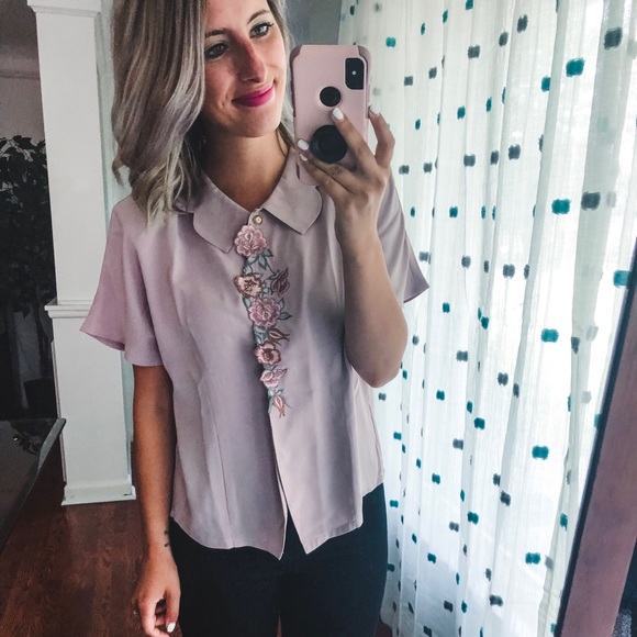 Pink Floral Short Sleeve Shoulder Pad Blouse M - Picture 4 of 6